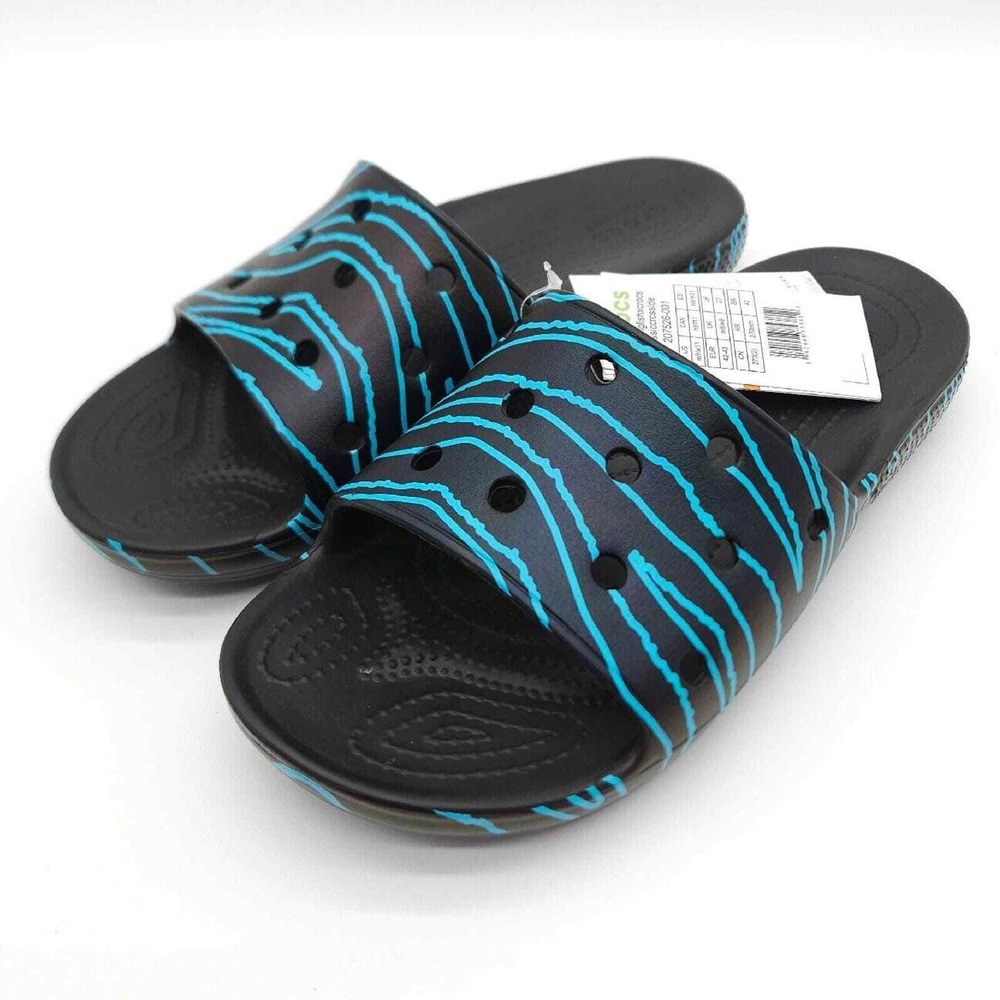 Crocs Mens 9 Womens 11 Black Blue Slide Ron English Classic Zebra Print Sandals